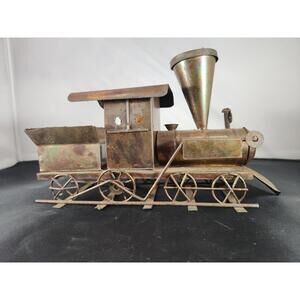 Vintage Wind Up Music Box Copper Color Tin Train Engine 9.5" Long